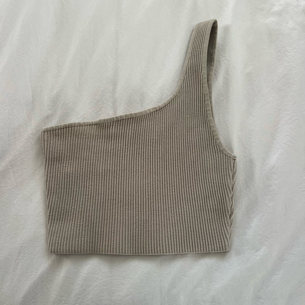 Babaton Ribbed One-Shoulder Beige Crop Top